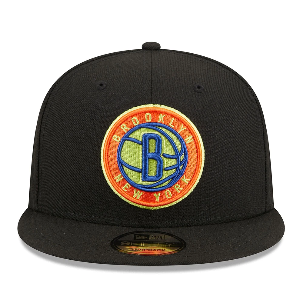 Men's New Era Black Brooklyn Nets Neon Pop 9FIFTY Snapback Hat