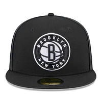 Men's New Era Black Brooklyn Nets Piped & Flocked 59Fifty Fitted Hat