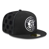 Men's New Era Black Brooklyn Nets Piped & Flocked 59Fifty Fitted Hat