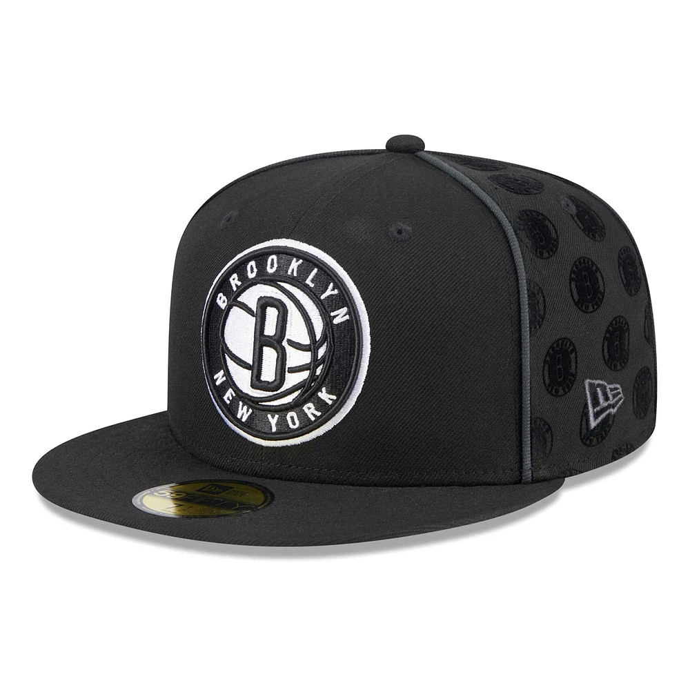 Men's New Era Black Brooklyn Nets Piped & Flocked 59Fifty Fitted Hat