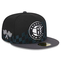 Men's New Era Black Brooklyn Nets  Rally Drive Checkerboard 59FIFTY Crown Fitted Hat