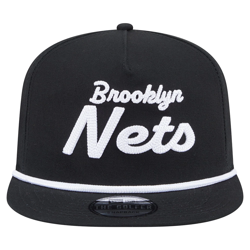 Men's New Era Black Brooklyn Nets Team Text Golfer Snapback Hat