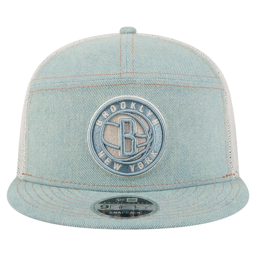 Men's New Era Brooklyn Nets Adventure Denim Split Panel 9FIFTY Snapback Trucker Hat