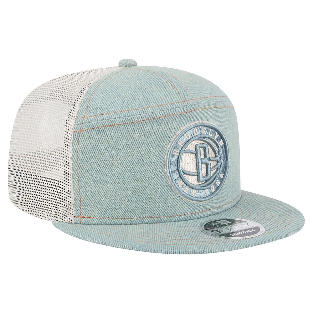 Men's New Era Brooklyn Nets Adventure Denim Split Panel 9FIFTY Snapback Trucker Hat