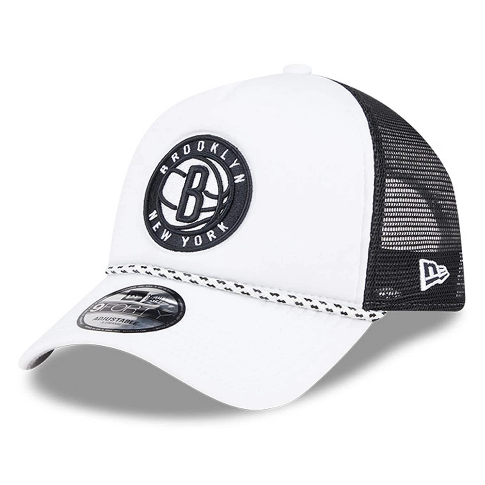 Men's New Era White/Black Brooklyn Nets Court Sport Foam A-Frame 9FORTY Adjustable Trucker Hat