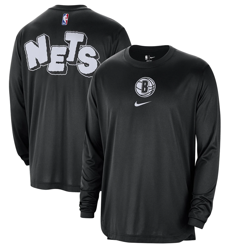 T-shirt de tir à manches longues pour homme Nike noir Brooklyn Nets 2023/24 City Edition Authentique Performance d'avant-match