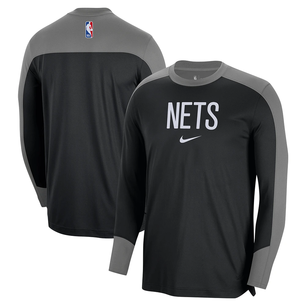 Maillot de tir à manches longues authentique Nike Brooklyn Nets 2024/25 pour homme, noir, avec légende d'avant-match