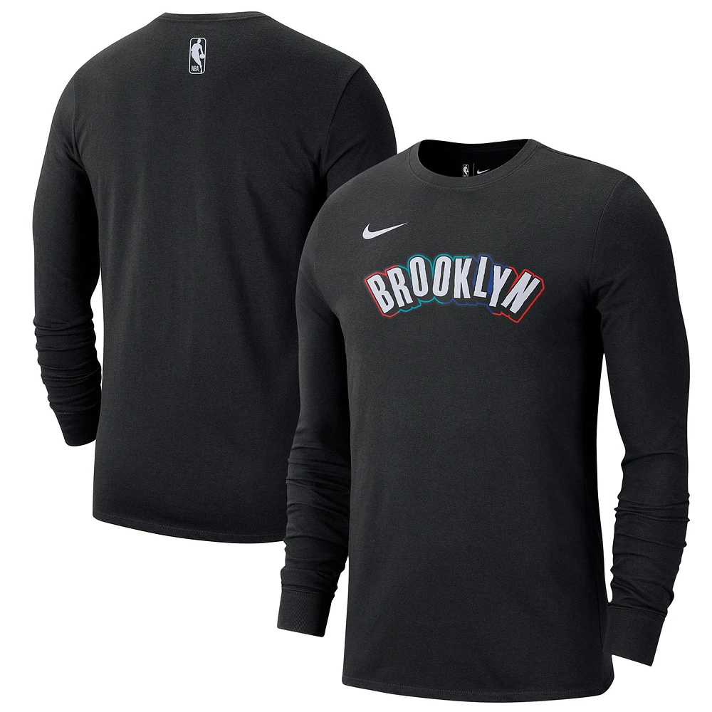 T-shirt à manches longues Nike Brooklyn Nets City Edition Essential Logo pour homme, noir, 2024/25