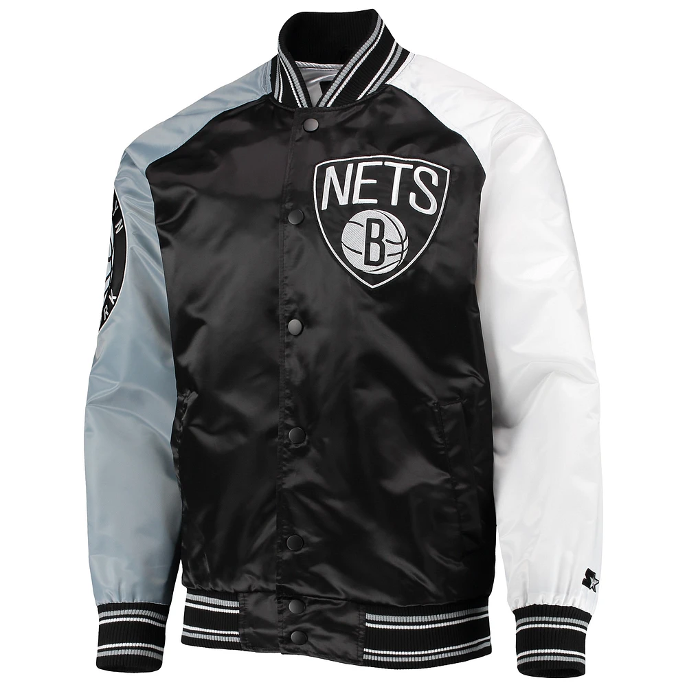 Men's Starter Black/Gray Brooklyn Nets Reliever Varsity Satin Raglan