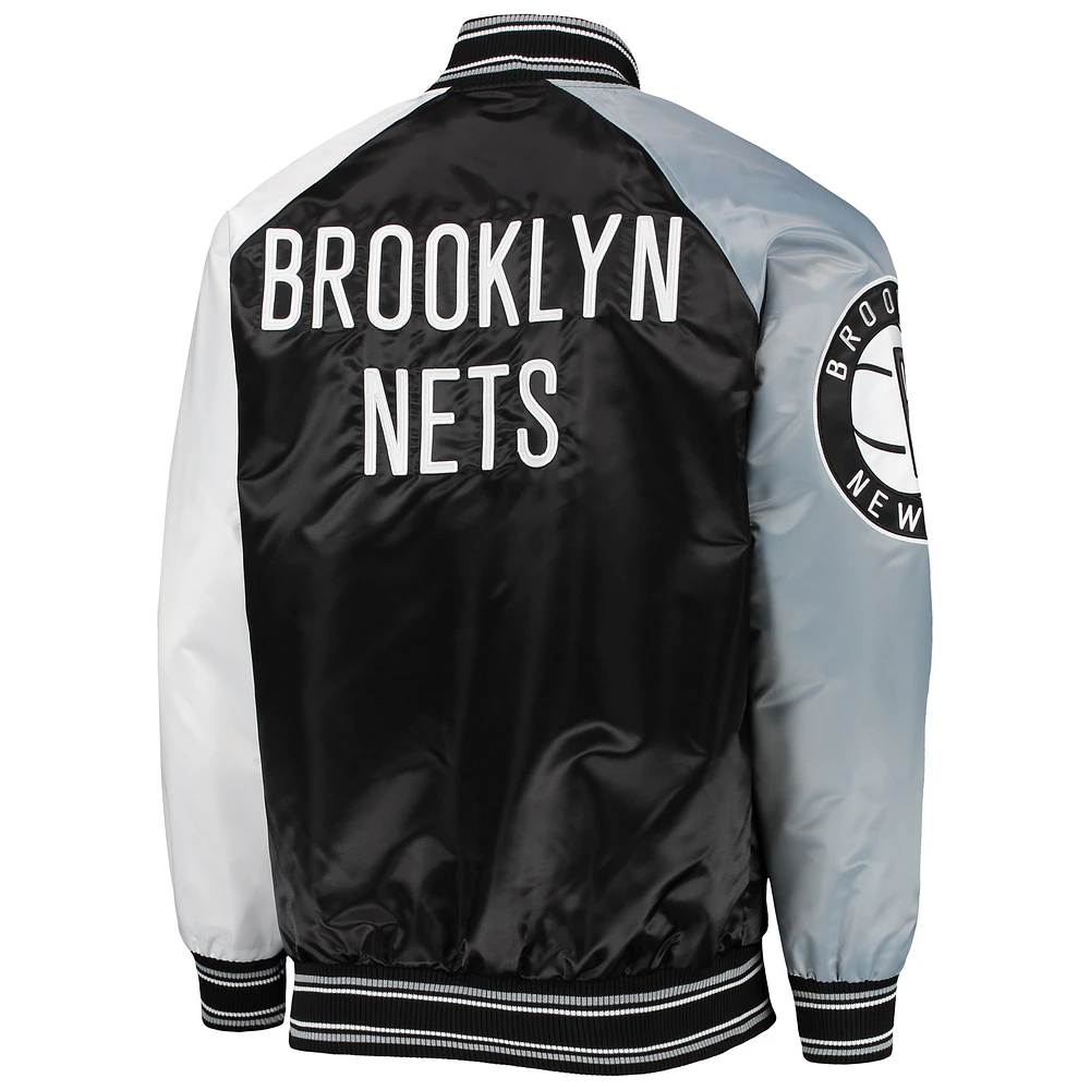 Men's Starter Black/Gray Brooklyn Nets Reliever Varsity Satin Raglan