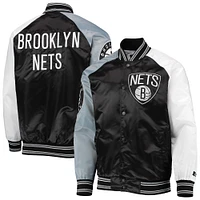 Men's Starter Black/Gray Brooklyn Nets Reliever Varsity Satin Raglan