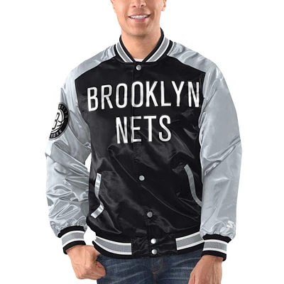 Men's Starter Black/Silver Brooklyn Nets Renegade Satin Full-Snap Varsity Jacket