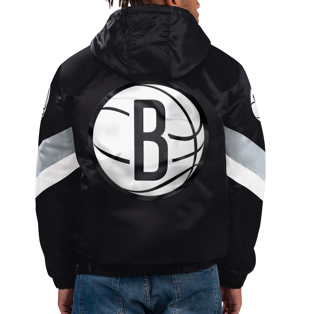 Men's Starter  Black Brooklyn Nets Force Play Satin Hoodie Half-Zip Jacket