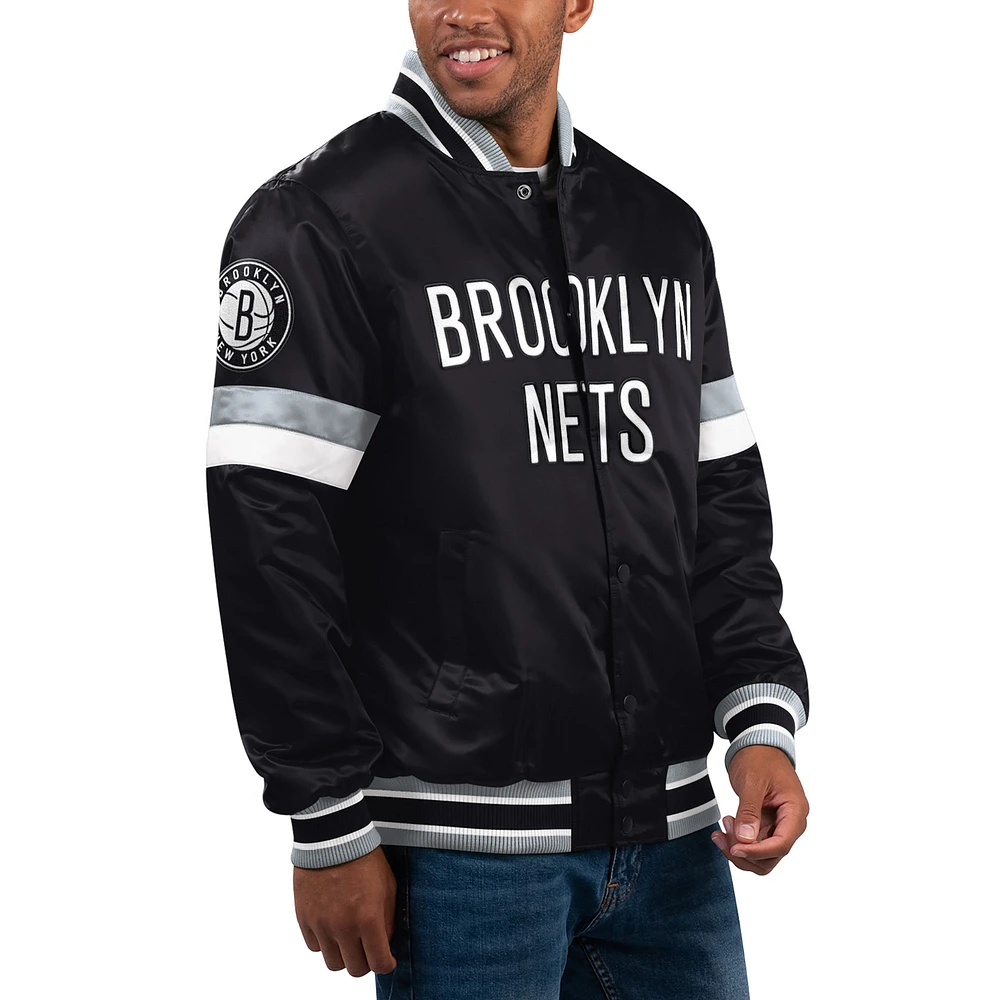 Veste universitaire à bouton-pression en satin pour hommes Starter Black Brooklyn Nets Home Game