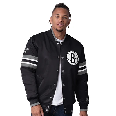 Men's Starter Black Brooklyn Nets Scout I Full-Snap Varsity Jacket