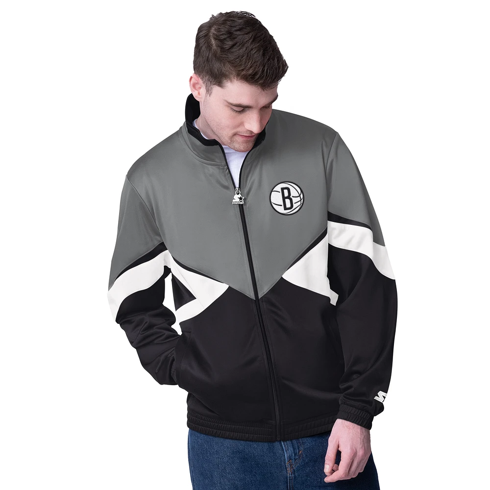 Men's Starter Gray/Black Brooklyn Nets Rush Applique Full-Zip Track Jacket