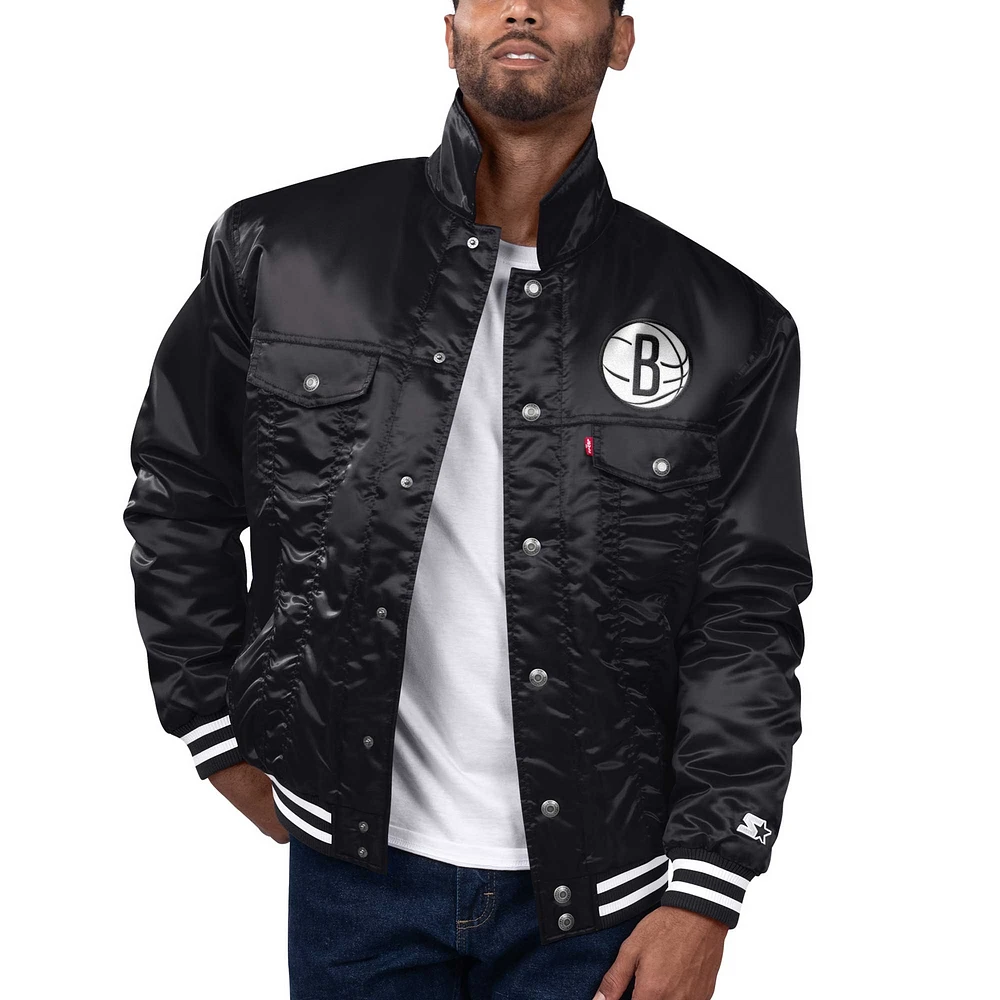 Veste camionneur en satin noir à boutons-pression Silver Label des Brooklyn Nets pour homme Starter x Levi's