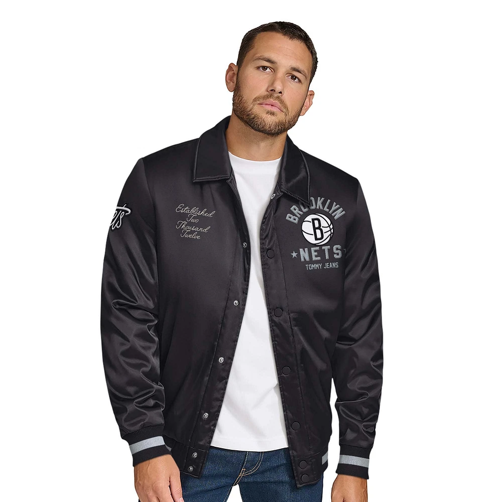 Men's Tommy Jeans Black Brooklyn Nets Jacob Chain Stitch Applique Full-Snap Varsity Jacket