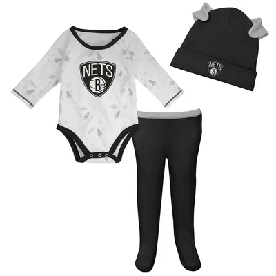 Brooklyn Nets Newborn & Infant Three-Piece Dream Team Long Sleeve Bodysuit, Cuffed Knit Hat Footed Pants Set - White/Black