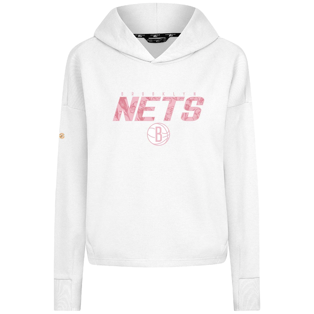 Women's Levelwear  White Brooklyn Nets Mother's Day Sweet Floral Cropped Tri-Blend Pullover Hoodie