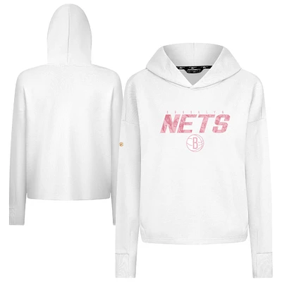 Women's Levelwear  White Brooklyn Nets Mother's Day Sweet Floral Cropped Tri-Blend Pullover Hoodie
