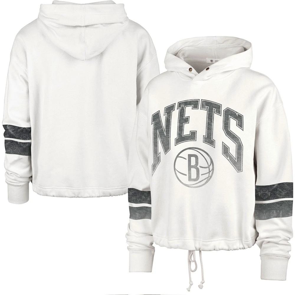 Women's '47 Cream Brooklyn Nets Emerson Stripe Cropped Pullover Hoodie