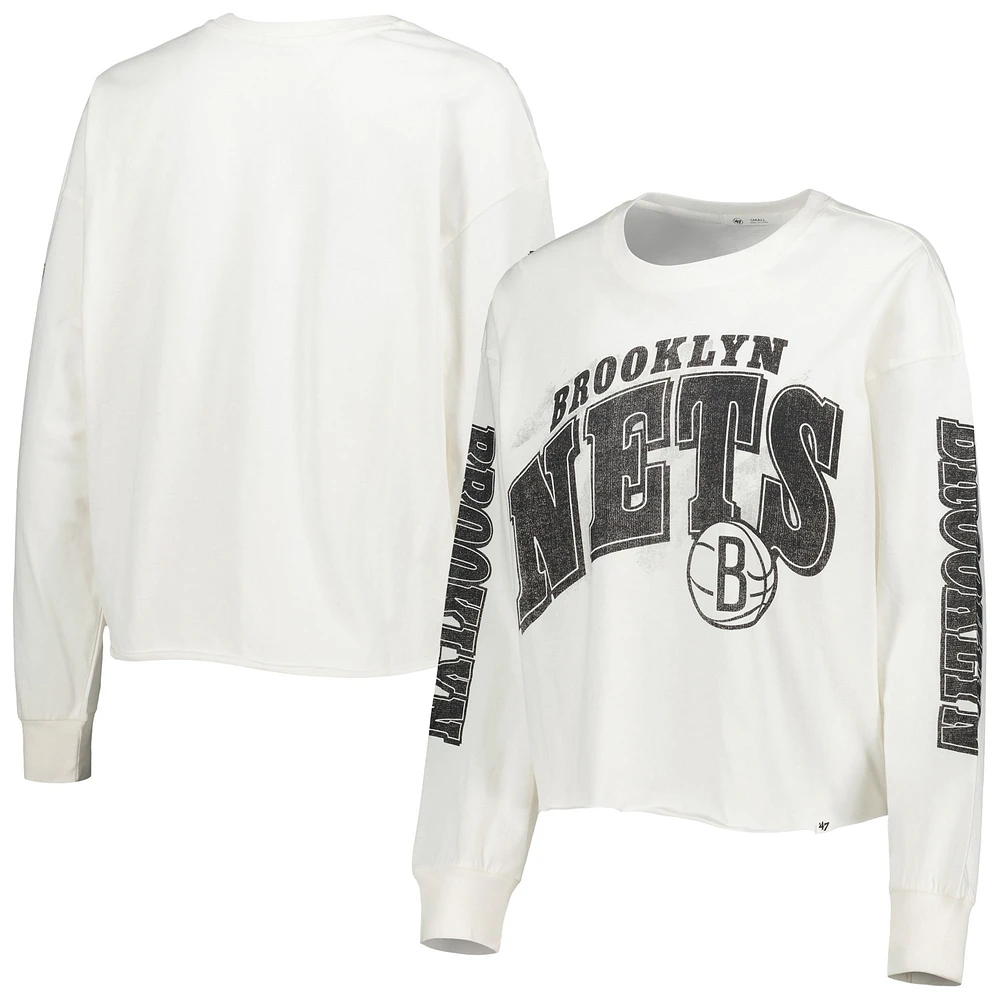 T-shirt court à manches longues pour femme '47 Cream Brooklyn Nets Parkway Brush Back