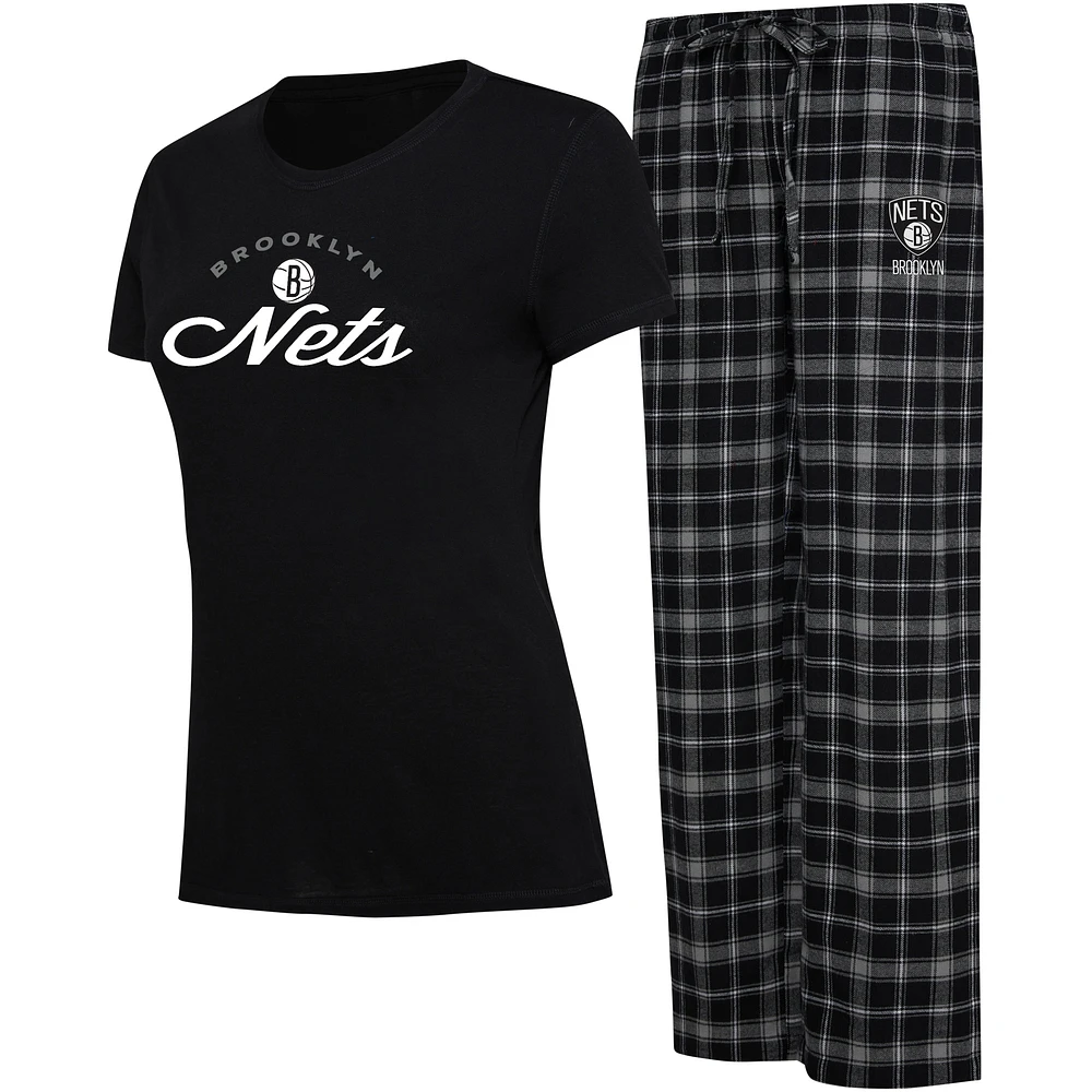 Ensemble de nuit pour femme College Concepts noir/gris Brooklyn Nets Arctic T-shirt et pantalon en flanelle