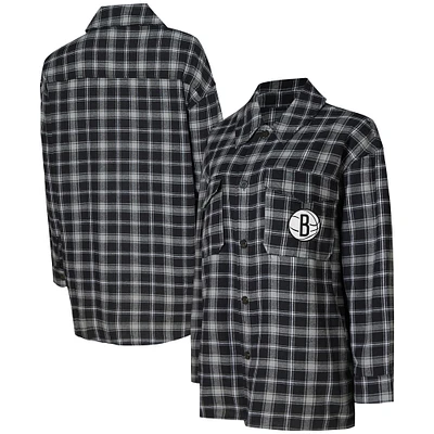 Chemise de nuit boutonnée Boyfriend College Concepts pour femmes, noir/gris, Brooklyn Nets