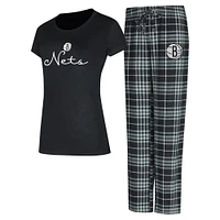 Ensemble de nuit pour femme avec t-shirt et pantalon en flanelle Concepts Sport noir/gris Brooklyn Nets Vector