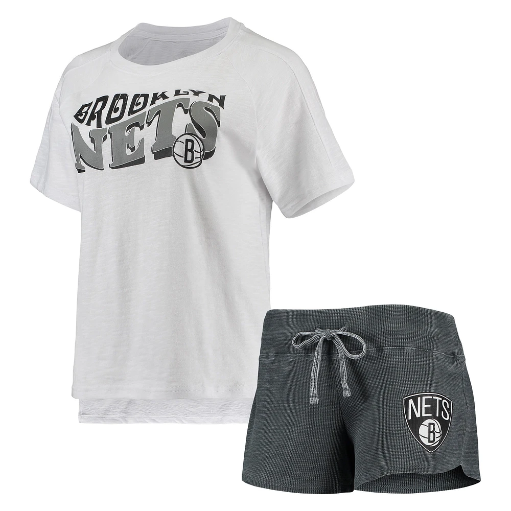 Concepts Sport Charcoal/White Brooklyn Nets Resurgence Slub Burnout Raglan T-Shirt & Shorts Sleep Set