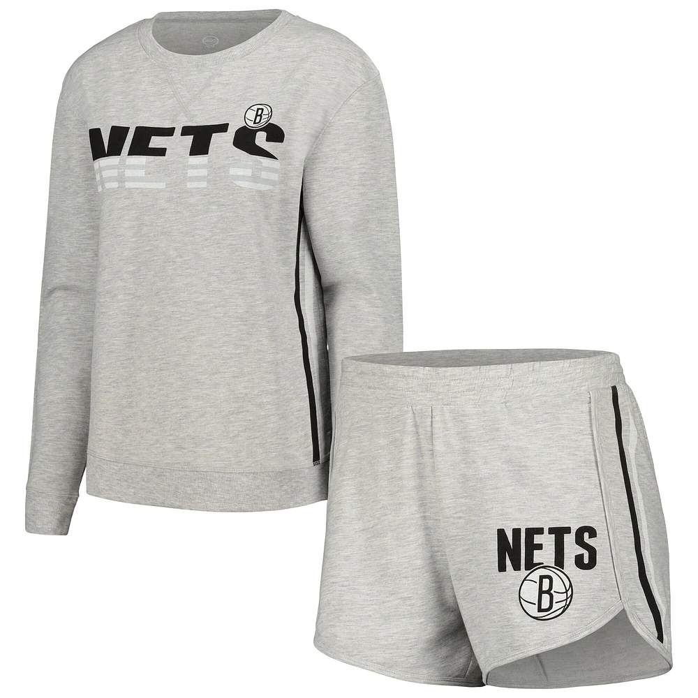 Ensemble de nuit Concepts Sport pour femmes, t-shirt et short à manches longues en cèdre gris Brooklyn Nets