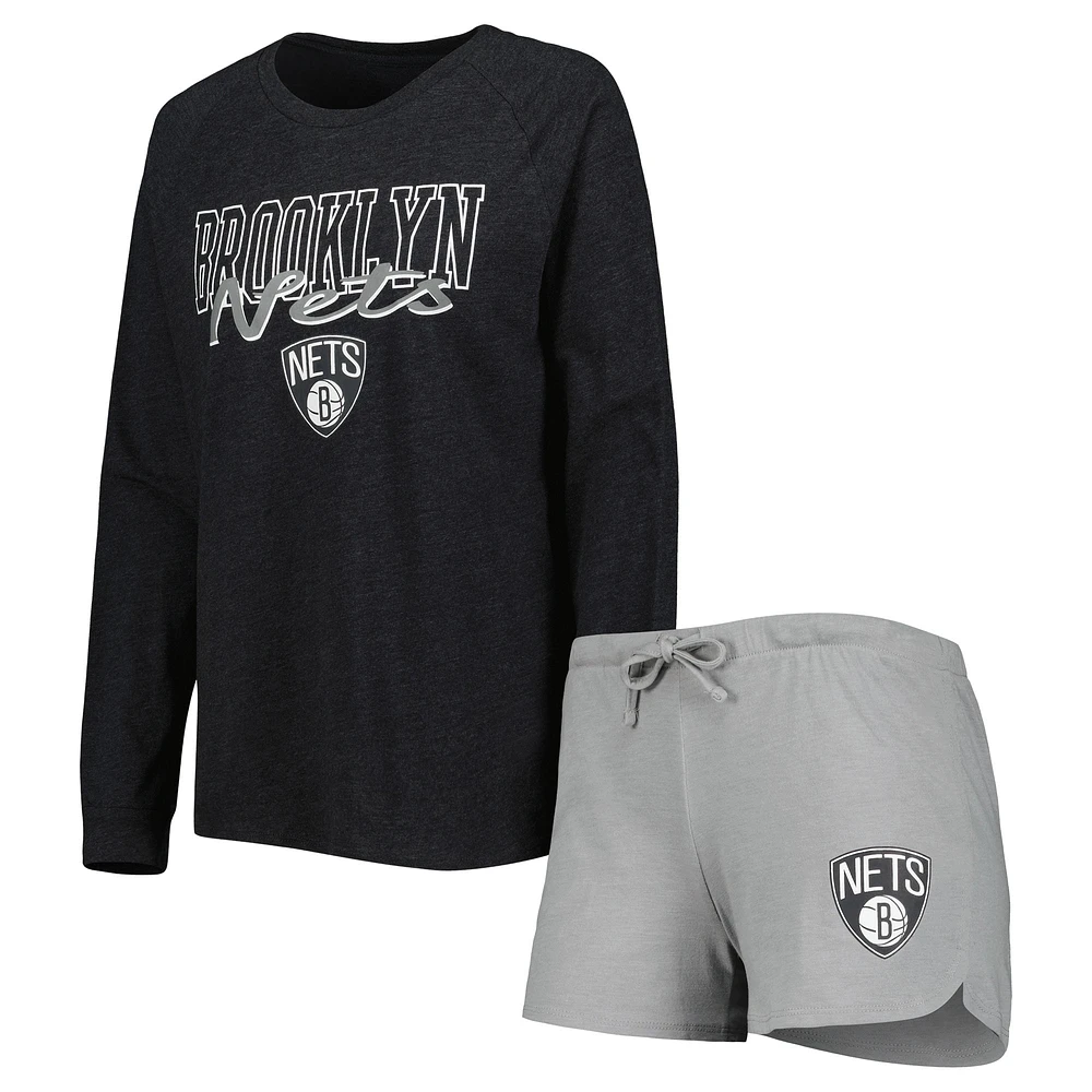 Women's Concepts Sport Heather Black/Heather Gray Brooklyn Nets Team Raglan Long Sleeve T-Shirt & Shorts Sleep Set