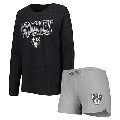 Concepts Sport Heather Black/Heather Grey Brooklyn Nets Team Raglan Long Sleeve T-Shirt & Shorts Sleep Set