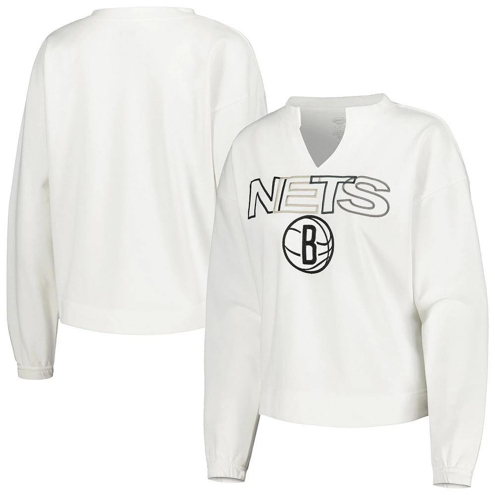 T-shirt à manches longues et col cranté Brooklyn Nets Sunray pour femme Concepts Sport blanc