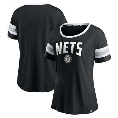 T-shirt à manches rayées Brooklyn Nets Fanatics pour femmes, noir/gris chiné