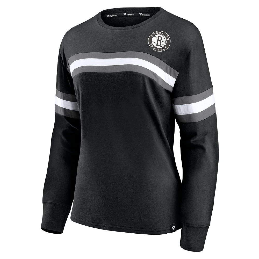 Women's Fanatics Black Brooklyn Nets Block Party Striped - Long Sleeve T-Shirt