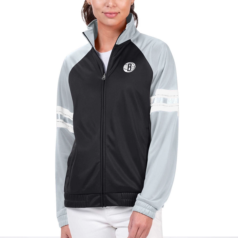 Women's G-III 4Her by Carl Banks Black Brooklyn Nets Main Player Raglan Rhinestone Full-Zip Track Jacket