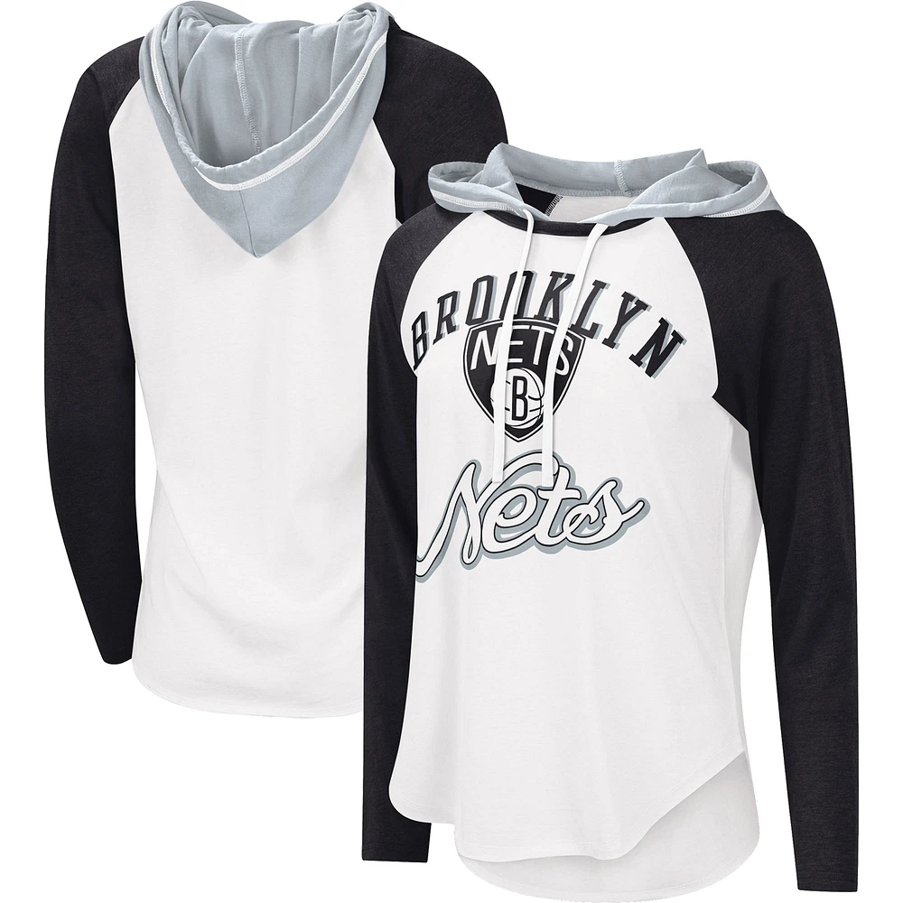 Women's G-III 4Her by Carl Banks White Brooklyn Nets MVP Raglan Hoodie Long Sleeve T-Shirt