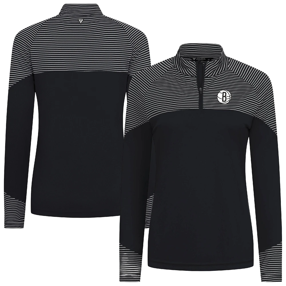 Women's Levelwear Black Brooklyn Nets Classic Stripes Quarter-Zip Top