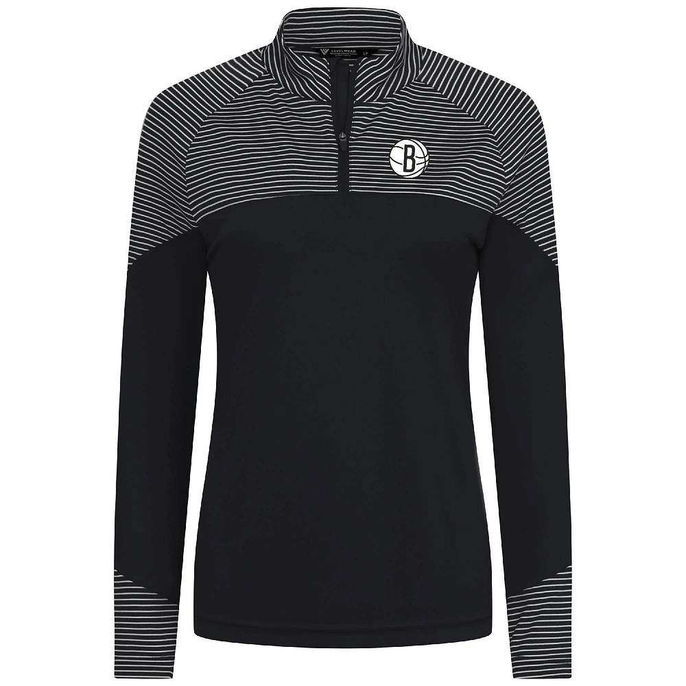 Women's Levelwear Black Brooklyn Nets Classic Stripes Quarter-Zip Top