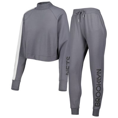 Women's Lusso Charcoal Brooklyn Nets Maddie & Matildas Raglan Tri-Blend Pullover Hoodie Jogger Pants Set