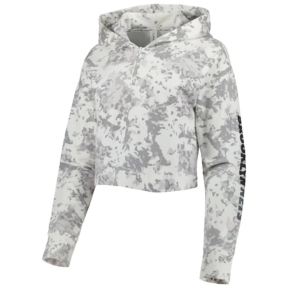 Women's Lusso Gray/White Brooklyn Nets Maia Tri-Blend Cropped Quarter-Zip Top