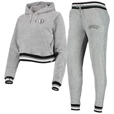 Women's Lusso Gray Brooklyn Nets Maisie-Maggie Velour Raglan Pullover Hoodie & Jogger Pants Set