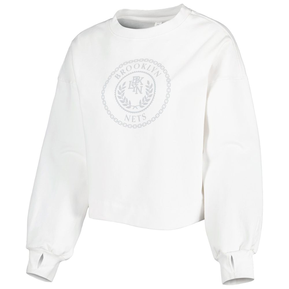 Women's Lusso White Brooklyn Nets Lola Ball and Chain Pullover Sweatshirt