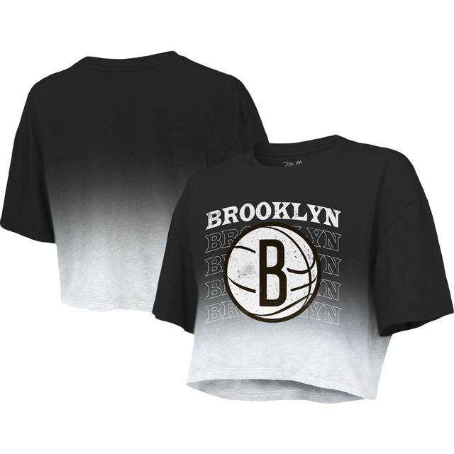 T-shirt court pour femme Majestic Threads Noir/Blanc Brooklyn Nets Repeat Dip-Dye