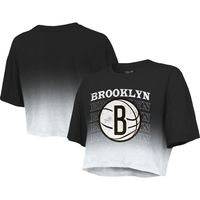 Women's Majestic Threads Black/White Brooklyn Nets Repeat Dip-Dye Cropped T-Shirt