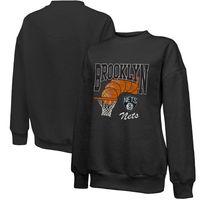 Women's Majestic Threads Black Brooklyn Nets Bank Shot Pullover Tri-Blend Sweatshirt