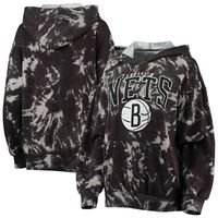 Women's Majestic Threads Black Brooklyn Nets Burble Tie-Dye Tri-Blend Pullover Hoodie