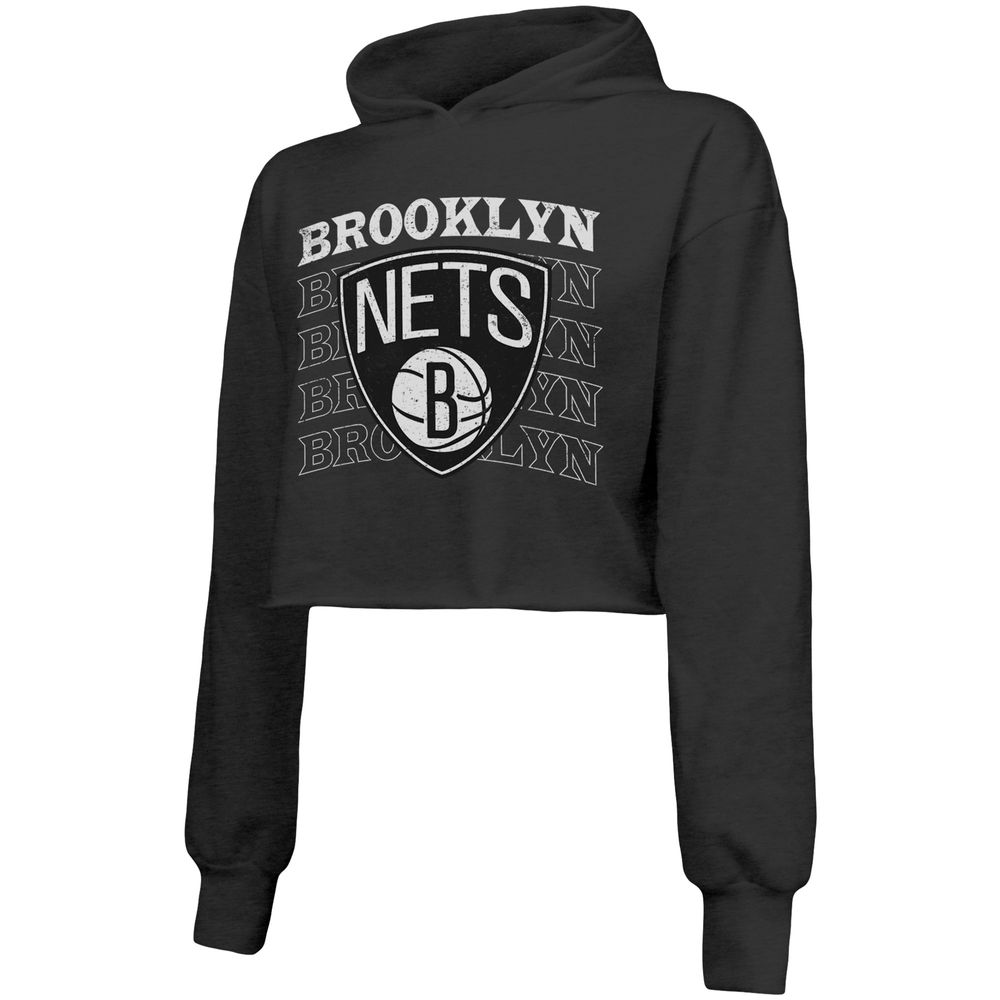 Women's Majestic Threads Black Brooklyn Nets Repeat Cropped Tri-Blend Pullover Hoodie